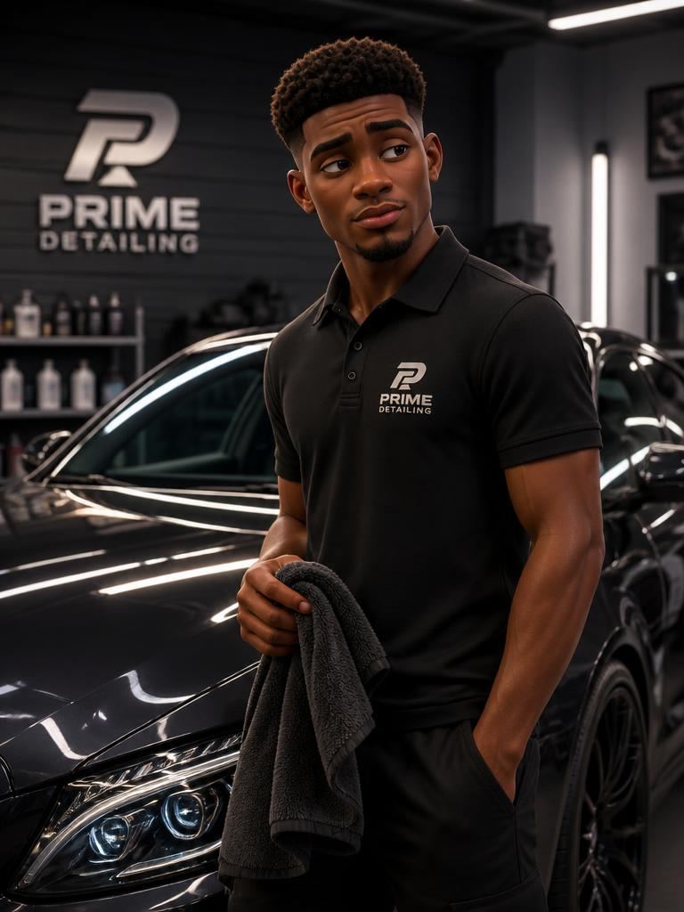 Animated 3D auto detailer standing beside a glossy freshly detailed car