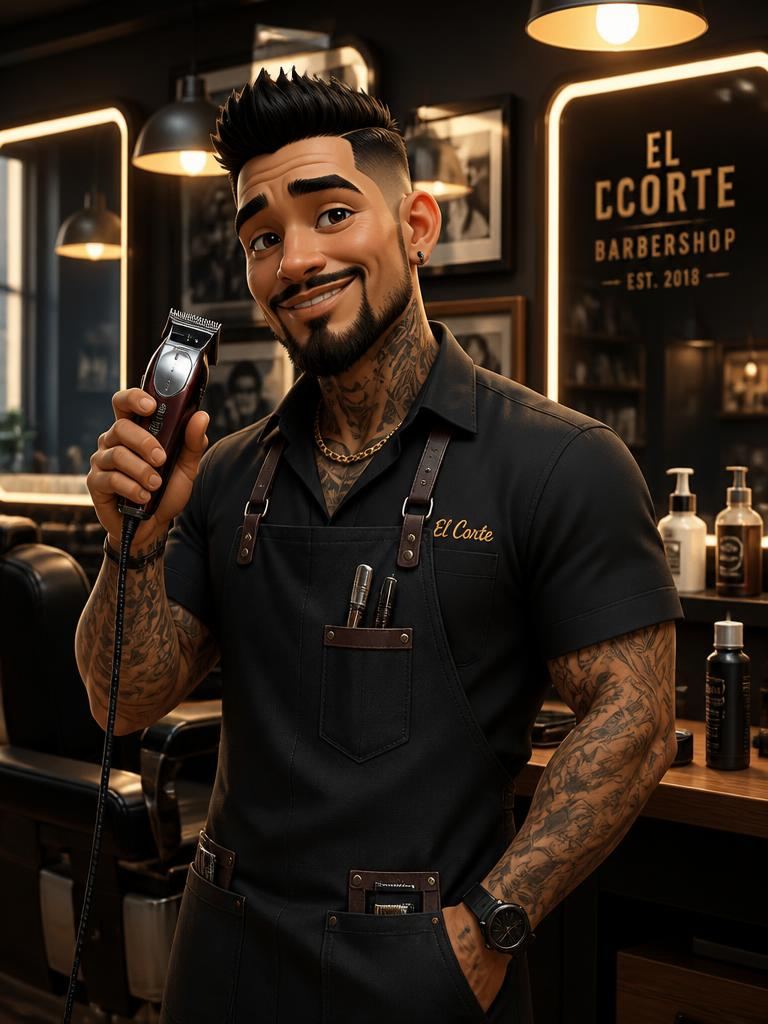 Animated 3D barber holding clippers inside a modern barbershop