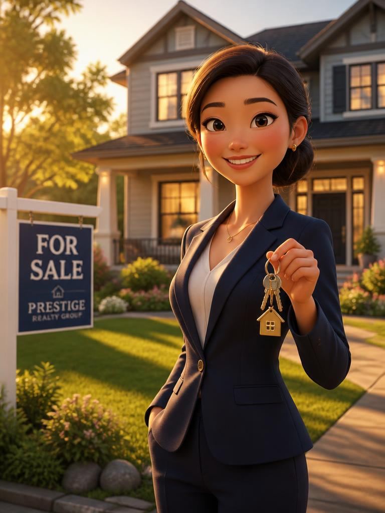 Animated 3D real estate agent holding keys in front of a for-sale home