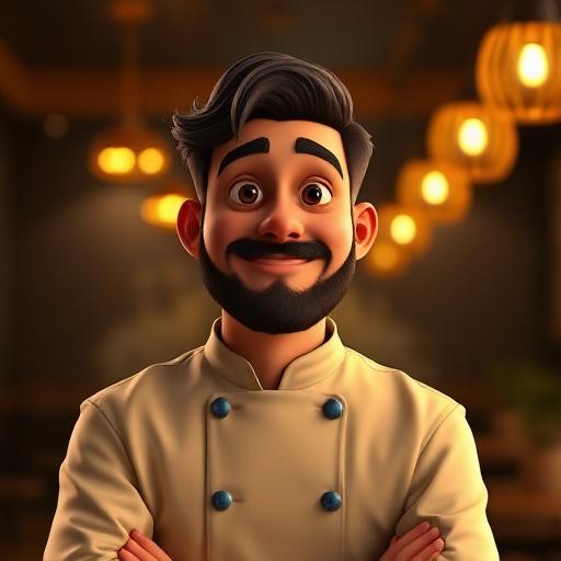 Animated 3D portrait of Mario R., a restaurant owner in a chef jacket